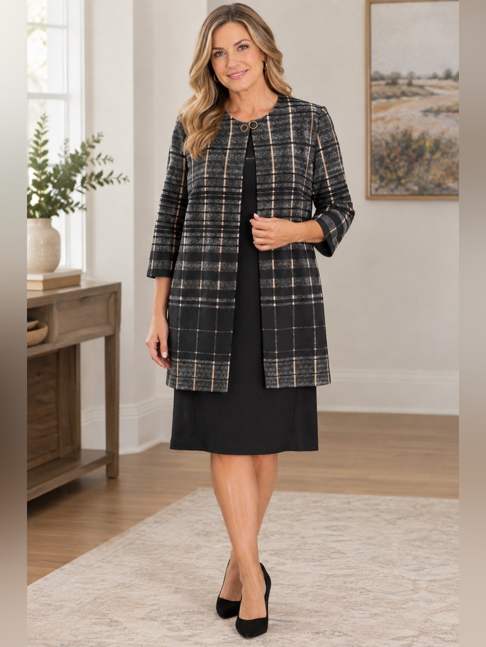 Danny & Nicole Black Beige Plaid Midi Sleeveless Dress with Long Jacket Size 12